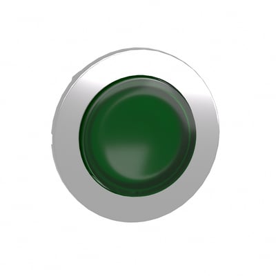 Schneider Electric Harmony XB4/ZB4 flush trykknaphoved i grøn med kromkant, designet til LED belysning og panelmontering.