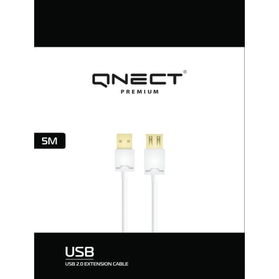 Qnect premium USB 2.0 forlængerkabel på 5 meter, hvid, med synlige A-han og A-hun stik.