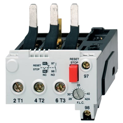 Benedikt U3-42-K3 termorelæ, justerbart fra 14 til 20 A, set forfra med rødt reset-stop og synlige tilslutninger.