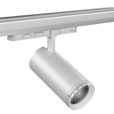 Nærbillede af LEDlife Zoom skinnespot i hvid, der fokuserer på den justerbare zoom-ring med grader og CCT-indstillinger på 2700K-4000K.