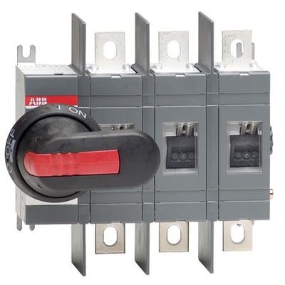 ABB 3-polet lastafbryder på 200A med drejehåndtag til bundmontering, vist fra front med tydelige terminaler og mærkning.