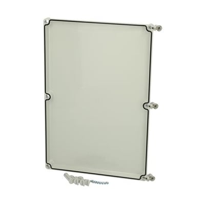 Fibox EKU30-G3FSH gråt dæksel i polycarbonat til EK SOLID serie, vist med fingerskruer på hvid baggrund.