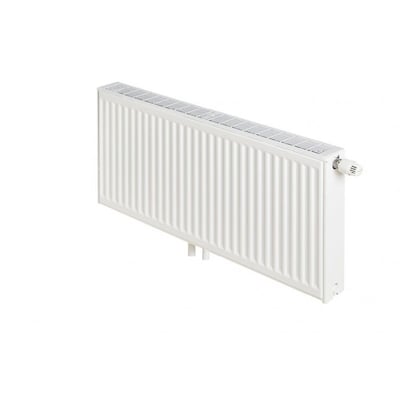 Stelrad Novello 8 radiator, H500 T33 L900, hvid RAL 9016, set fra siden med den integrerede ventil på højre side og bundtilslutninger.
