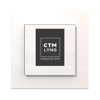 mTouch Dim lysdæmper i hvid (RAL9003) med touch-knapper og LCD-display, der viser CTM LYNG logo.