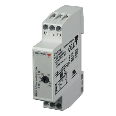 Carlo Gavazzi faseovervågningsrelæ til fasefølge, fasebrud og justerbar underspænding, vist skråt med L1-L3-terminaler.