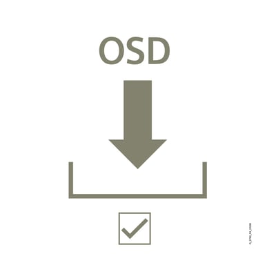 Grafisk symbol med teksten OSD og en pil pegende nedad mod en firkant med et flueben, der indikerer download eller installation.