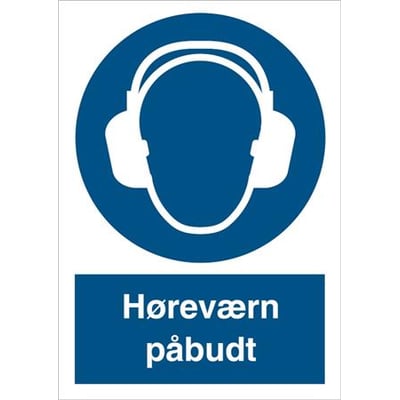 Påbudsskilt "Høreværn påbudt" med symbol af hoved med høretelefoner i blå cirkel og tekst i hvid på blå baggrund.