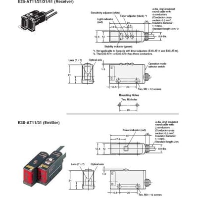 Diagrammer og illustrationer af Omron E3S-AT11 fotocellesensorer, der viser modtager og emitter enheder, dimensioner og monteringsdetaljer.