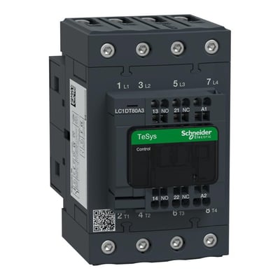 Schneider Electric TeSys D 80A 4-polet kontaktor med 48V AC spole og 1 NO + 1 NC hjælpekontakter. Nærbillede viser mærkning og terminaler.