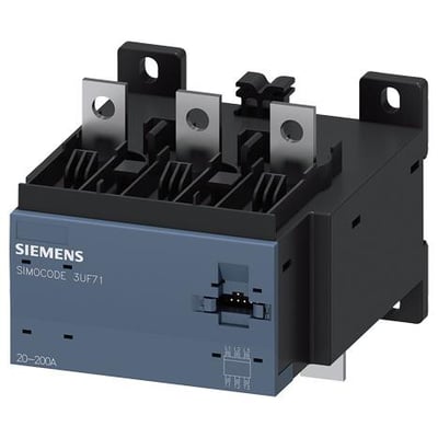 Siemens Simocode 3UF71 strømregistreringsmodul med skinnetilslutning, 20-200A, fremviser metalterminaler og blå frontpanel.