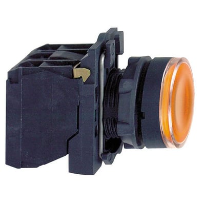 Sidebillede af Schneider Electric lampetryk med kunststof frontring, viser tilslutningsmekanisme og 22 mm diameter.