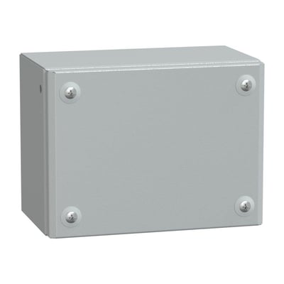 Schneider Electric klemkasse i metal, vist fra siden, viser IP66 og IK10 klassificering, med fire sølvfarvede monteringsskruer på et lukket dæksel.