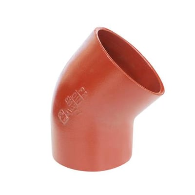 Preis & Co SML bøjning i støbejern med 150mm diameter og 45 graders vinkel, vist på hvid baggrund.