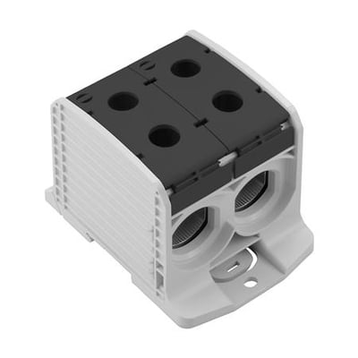 Weidmüller WPD 233 fordelerklemme i grå Wemid med sort cover og fire skrueterminaler til 50-300mm² Cu/Al ledere.