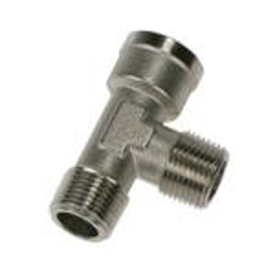 Parker T-stykke med udvendig R1/8 BSPT og indvendig G1/8 BSPP gevind, fremstillet af forniklet messing.