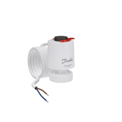 Danfoss TWA-Q termoaktuator med det 2 meter lange halogenfri kabel snoet til siden, hvid med mærkning.