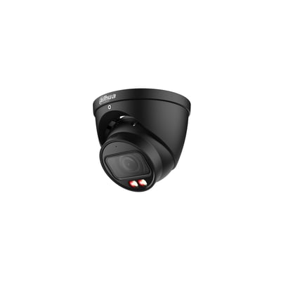 Sort Dahua 4 MP AI-overvågningskamera med motoriseret 2,7-12 mm-objektiv og to lys ved linsen.
