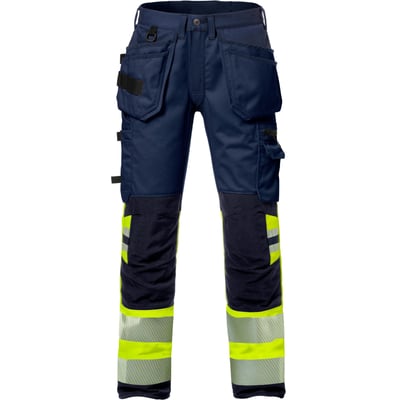 Kansas håndværker stretch bukser i Hi-Vis gul og marineblå, str. C56, med mange funktionelle lommer og reflekser.