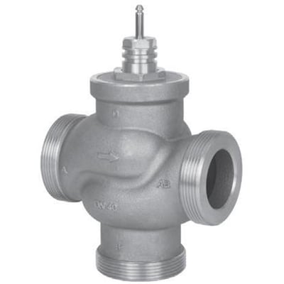 Danfoss sædeventil VRB3, DN40, PN16, kvs 25, i sølvfarvet metal med gevindtilslutning og tydelig flowpil.