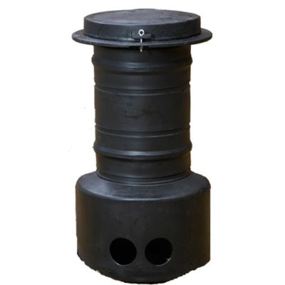 Uponor PE-fordelerbrønd til gravitation, 400x1100 mm, med cirkulært låg og synlige indløb med to åbninger i bunden.