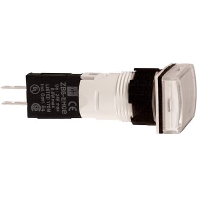 Schneider Electric Harmony Style 6 trykknap med rektangulært, klart hoved og hvid base, synlig på hvid baggrund.