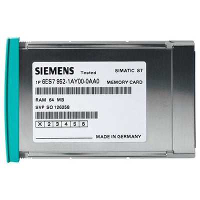Siemens SIMATIC S7 memory card med 64 MB RAM, lang version, model 1P 6ES7 952-1AY00-0AA0, fremstillet i Tyskland.