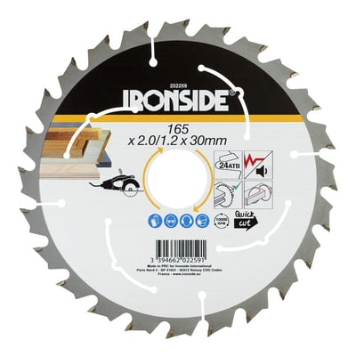 Ironside rundsavklinge til træ, 165 x 30 x 1,2 mm med 24 tænder, vist forfra med sølvfarvet tandkrans.