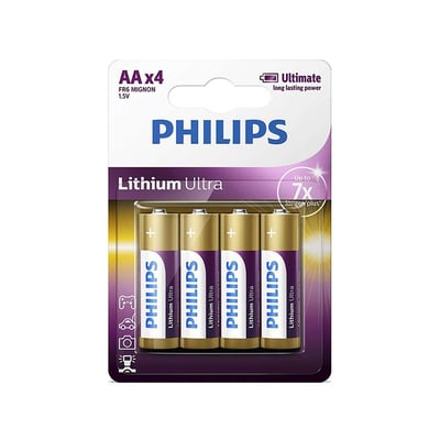 Pakke med 4 stk. Philips Ultra lithium batterier i AA LR6 størrelse med 1.5V og op til 7x længere plus effekt.