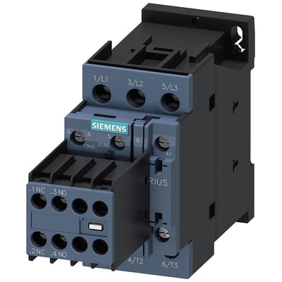 Siemens 3RT2 strømkontaktor til motorstyring, 25A, 400V, 3-polet med 2 NO og 2 NC hjælpekontakter og skrueterminaler.