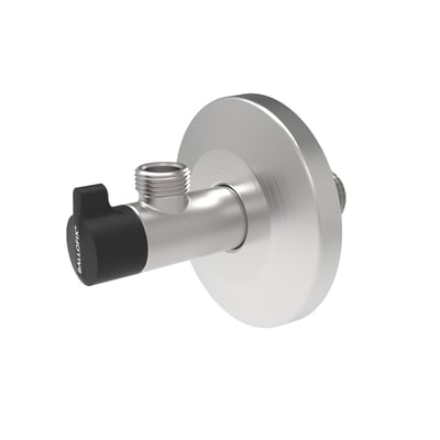 Broen Ballofix rustfri vinkelventil i AISI 316 stål med 1/2" udløb og 3/8" rørgevind, vist med sort greb og 77mm roset.