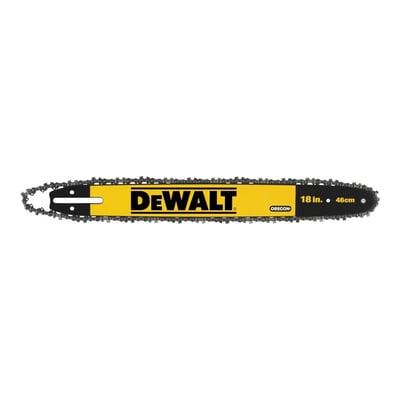 DEWALT Oregonsværd med savkæde til 54 V kædesav, vist fra siden med gul og sort sværdbeskytter.