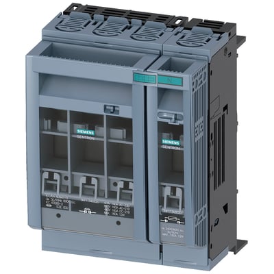 Siemens SENTRON 3NP1 4-polet NH00 sikringsafbryder med 160 A mærkestrøm, vist med et klart kabinet og mærkater.