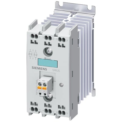 Siemens 3RF2 solid-state kontaktor med integreret køleplade, 10A, 48-600V og 4-30VDC styring på hvid baggrund.