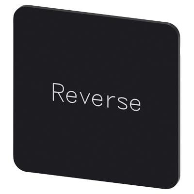 Siemens mærkningsplade i sort med hvid tekst "Reverse", størrelse 27x27 mm, til labelholder.