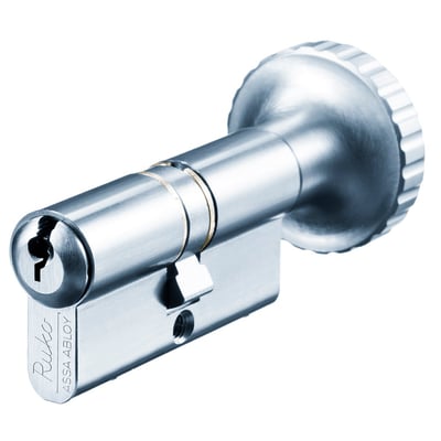 Rustfri dobbelt profilcylinder RB1602 fra ASSA ABLOY med nøgleåbning og riflet drejeknap, set skråt forfra.