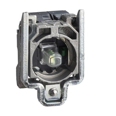 Schneider Electric ZB4 lampetrykkrop med hvid LED-indikator og 1NO stik på 24V, vist isoleret.