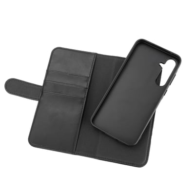 Samsung Galaxy A55 5G PU wallet case åbnet, viser det aftagelige cover og tre kortholdere i sort kunstlæder.