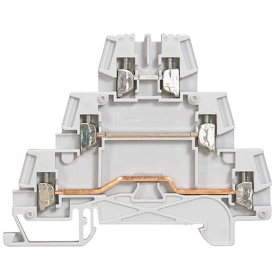 Legrand TRIP klemme i grå plast til 2.5mm² ledning, vist i tværsnit med kobberledere og skrueterminaler.
