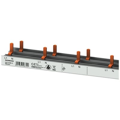 Siemens 4PH PIN samleskinne i grå med 10mm² ledertværsnit og orange tilslutningsben.