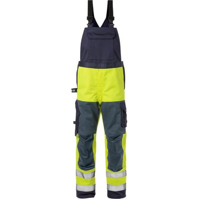 Kansas Flame HiVis Overall 125943 i gul og mørkeblå med reflekser og flere lommer, vist forfra.