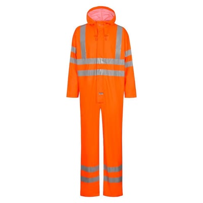 Lyngsøe PU heldragt i High-Vis orange, str. 4XL, med reflekterende striber på bryst, arme og ben, præsenteret forfra.