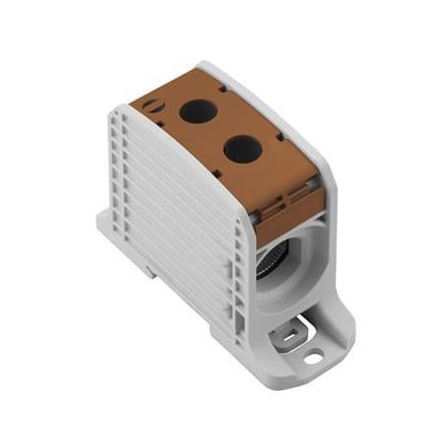 Weidmüller WPD 132 1X185/1X185 BN fordelerklemme i brun Wemid med skrueterminaler, vist med 20mm skinne montering.