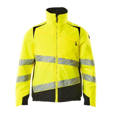 Mascot Hi-Vis jakke i gul og sort, forfra, med høj krave og synlige lynlåse og reflekser.