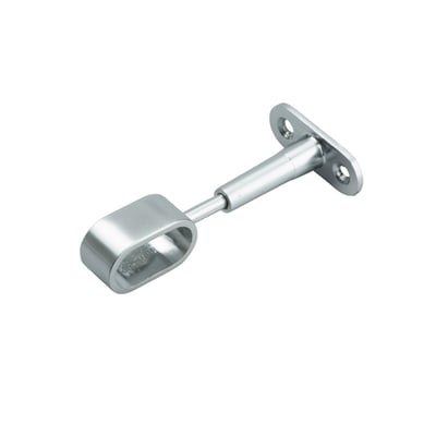 Midtholder til bøjlestang i sølv stål med ovalt ophæng og fastgørelsesplade, isoleret på hvid baggrund.