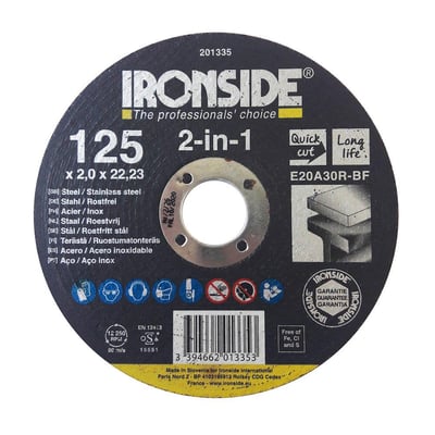 Rund, sort Ironside 2-in-1-skæreskive til stål og rustfrit stål, med 125 mm diameter og centralt hul.