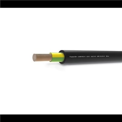 Sort 1G16 RZ1-K flexkabel på 500 meter med synlig grøn-gul lederisolering og kobberleder i enden.