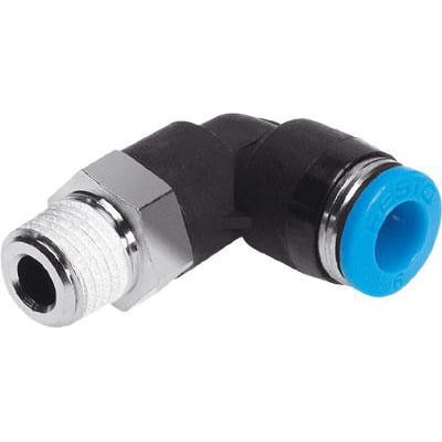 Festo vinkel-forskruning QSL-3/8-6 med push-in L-fitting, sort plast med blå indsats og gevind i metal.
