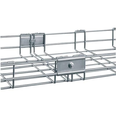 Schneider Electric samlebeslag U til 35mm gitterbakker i Zinc+ C4, vist monteret på to gitterbakker for at vise samlingen.