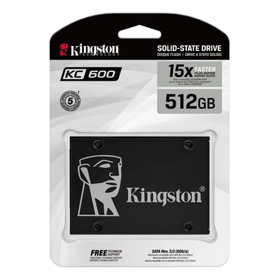 Emballagen til Kingston KC600 SATA-SSD med 512 GB viser det sorte 2,5-tommers drev og modelnavnet.