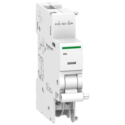 Schneider Electric underspændingsspole iMN 115VAC i hvid plast med clips montage og grøn indikator.